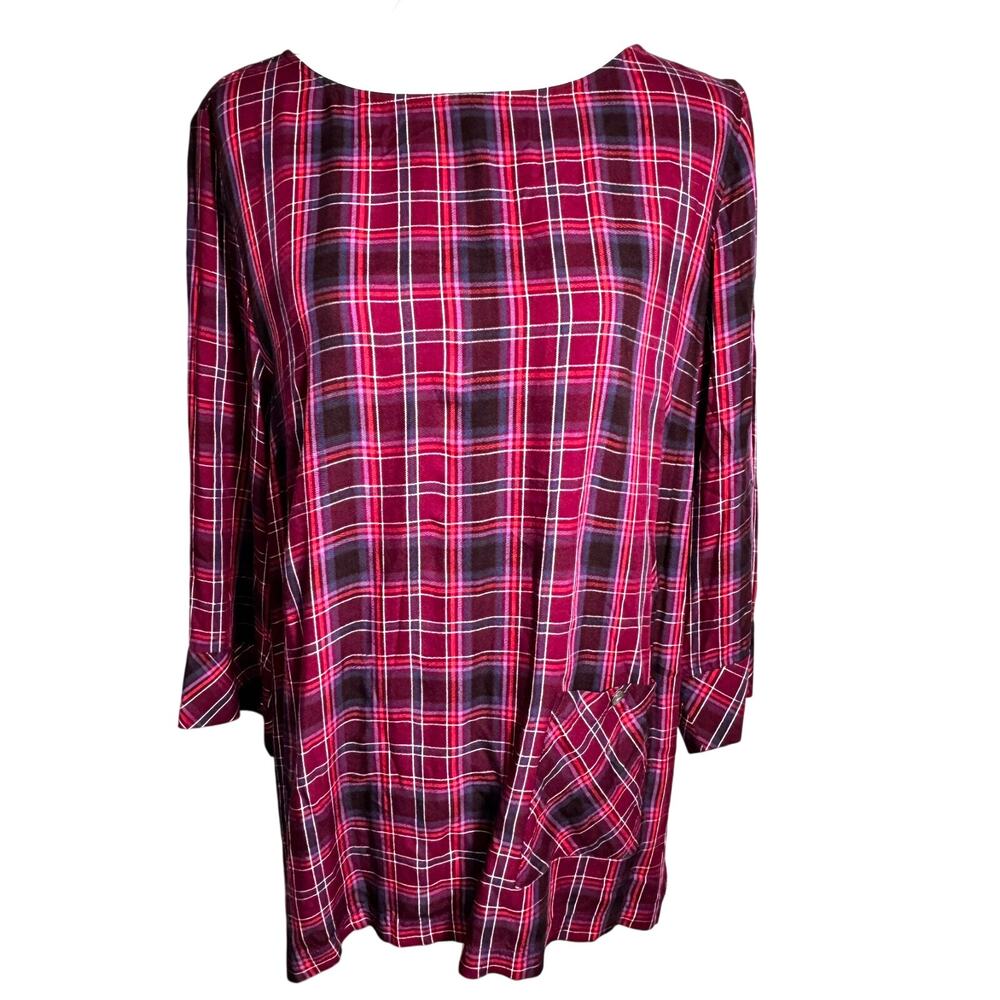 J. JILL Women's Large Maroon Purple Plaid Long Tunic Blouse Pullover Pocket Boho